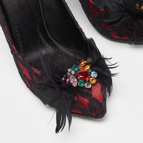 D&g Red/black Feather And Crystal Embellished Lace And Satin Pumps Size 37.5